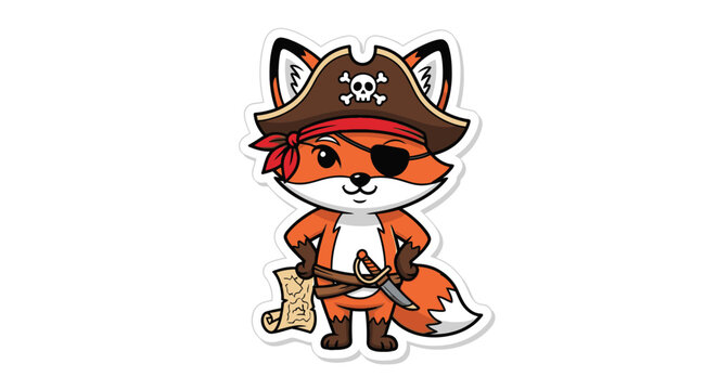 Cartoon fox pirate with hat and eye patch holding a map and sword