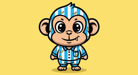 Obraz premium Cartoon monkey in pajamas on yellow background vector illustration