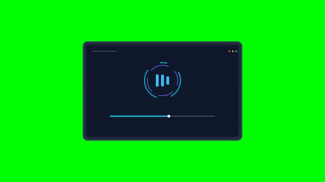 A sleek digital media player interface animation showcasing playback, buffering, and pause states on a green screen for versatile chroma key