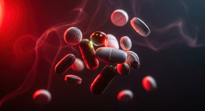 Pills and capsules float in a smoky, red-lit environment, creating tension.