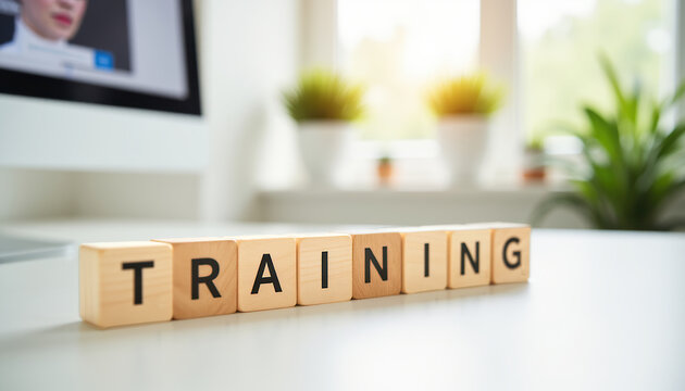 Wooden blocks spelling training on a bright office desk with plants and computer in background for corporate learning and staff development banner