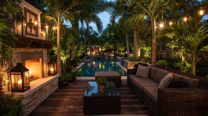 Obraz premium Luxurious outdoor patio by a pool with a glowing fireplace, plush seating and ambient lighting at dusk