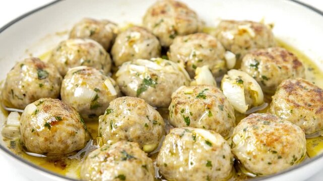 A white bowl filled with meatballs covered in savory sauce, perfect for Italian-inspired dishes or comfort food