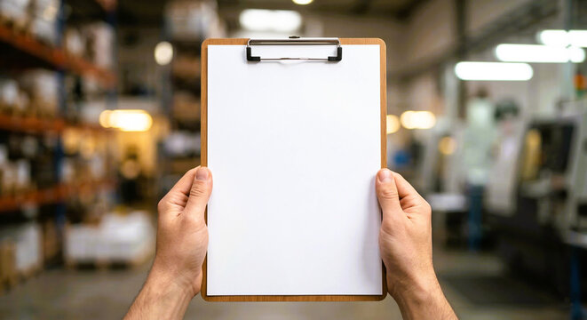 Hands Holding Blank White Clipboard in a Factory Workshop