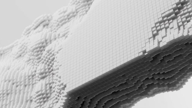 Abstract voxel cube surface animation forming a dynamic geometric landscape. Minimal white 3D blocks shifting in depth creating a futuristic digital terrain. Loop procedural 4k motion background