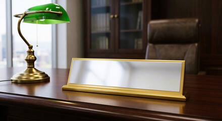 Blank Gold Desk Nameplate Resting on a Large Executive Desk