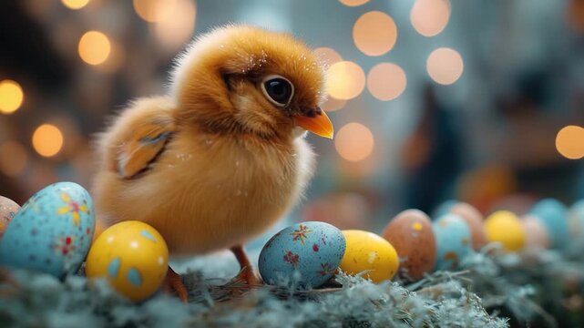 A small yellow chicken perched on top of a pile of eggs, great for farm-themed s or Easter designs