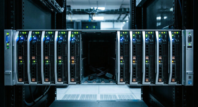 Blank Hard Drive Bay Missing From a Busy Server Rack