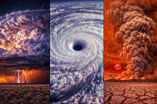 Extreme weather triptych showing supercell thunderstorm lightning, hurricane eye aerial view, and wildfire smoke plume climate crisis editorial IPCC climate awareness campaign