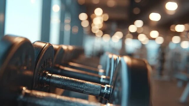 A row of heavy l dumbbells rests on a rack inside a modern gym.