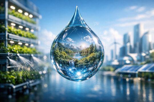 World Water Day crystal water droplet with lush ecosystem refraction highlighting freshwater sustainability vertical farm eco city precision irrigation blue economy conservation innovation wellbeing