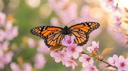 Monarch Butterfly on Cherry Blossom Flowers in Spring