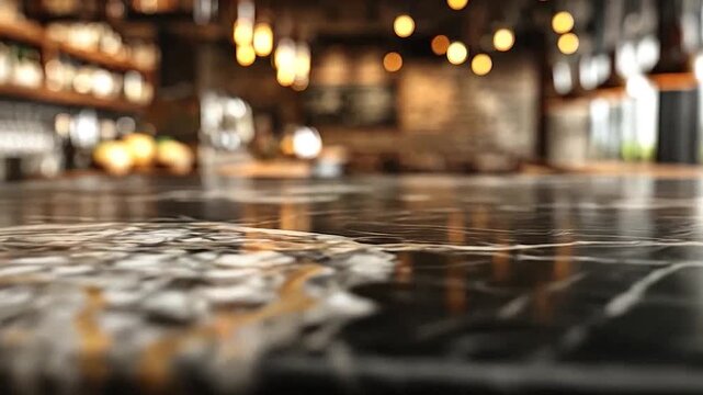 Elegant black marble countertop with a blurred cafe interior background
