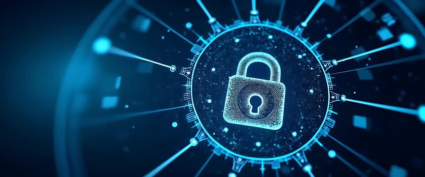 Cinematic exploration of digital security, featuring a glowing lock icon with subtle rotation, as the camera gently pans across a futuristic network interface, highlighting cybersecurity themes.
