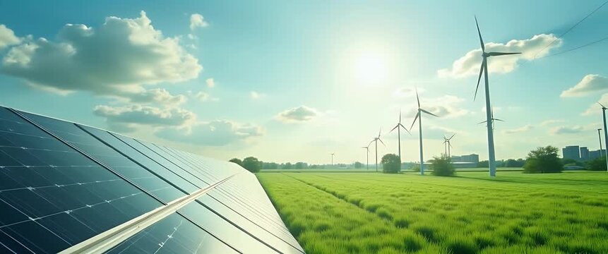 Solar panels glisten under the bright sun as wind turbines gently spin in a lush green field; the camera slowly pans, capturing this cinematic portrayal of renewable energy innovation.