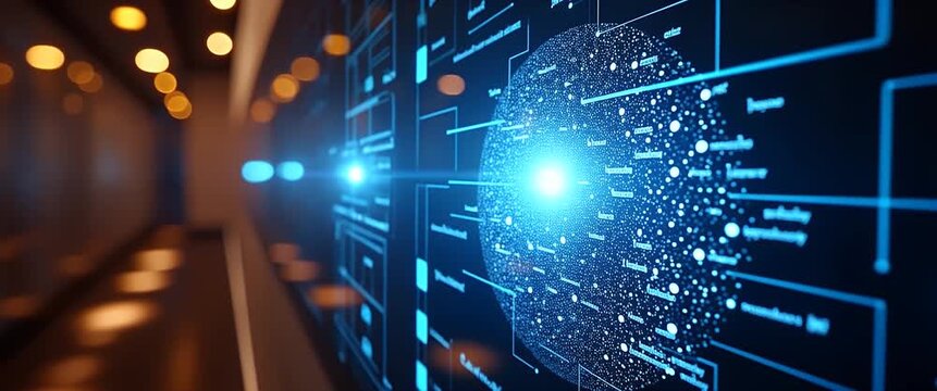 Futuristic digital interface wall with data points gently pulsating; slow camera pan enhances the cinematic ambiance, showcasing innovation and technology with dynamic lighting effects.