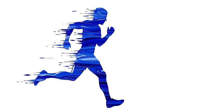 A vibrant blue silhouette of a runner moving forward with an artistic motion blur paint effect