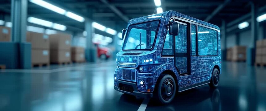 Futuristic delivery van glides smoothly through a high-tech warehouse, with camera tracking its sleek design; ambient lights flicker for a cinematic, innovative logistics scene.