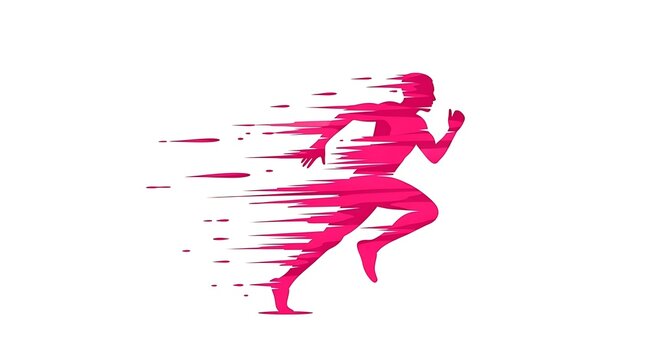 A vibrant pink silhouette of a person running fast with a motion blur effect on a white background