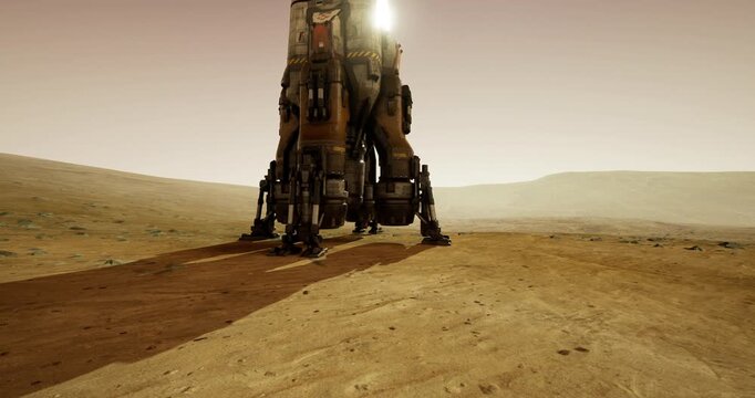 A robust exploration rover stands on the reddish terrain of Mars under a pale sky. Its intricate design highlights advanced technology for space exploration.