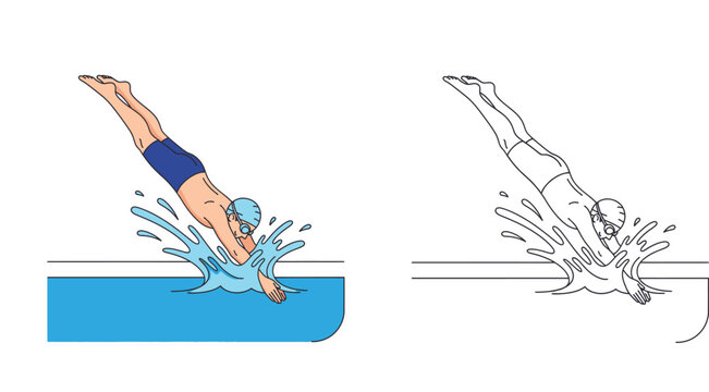 Male swimmer diving into swimming pool with water splash, colored and line art vector illustration