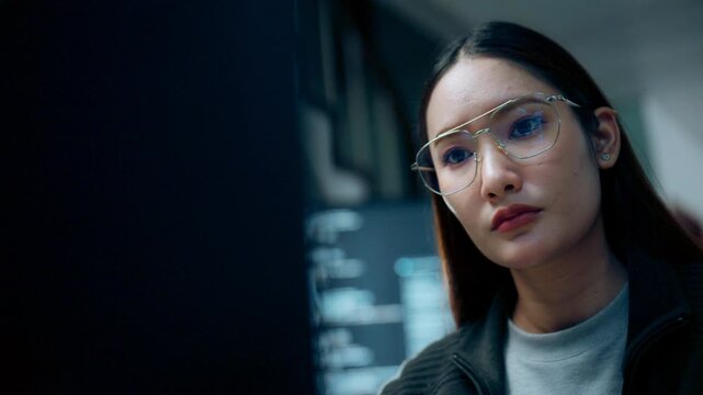 Focused female software developer thinking while coding at computer in office at night, analyzing problems and solutions.