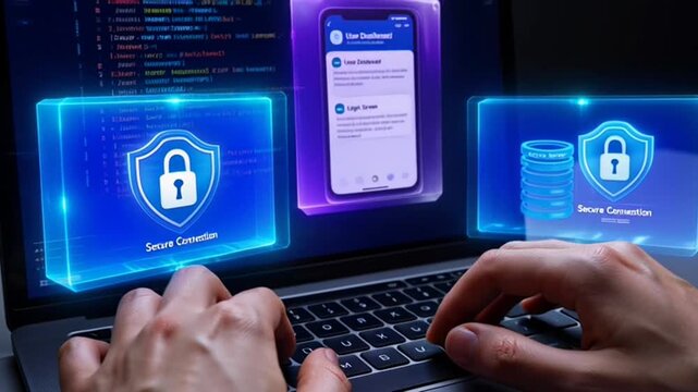 Hands typing on laptop with cloud sync interface