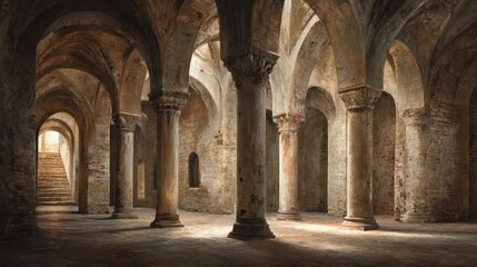 Fototapeta premium Colonnade of sturdy stone columns in a historic interior, dramatic light and shadows
