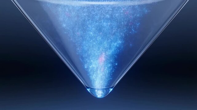 Abstract blue particles swirling in a funnel shape, creating a mesmerizing visual effect. Represents the flow of ideas and innovation in technology and science