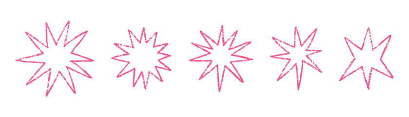 Pink starburst hand drawn set. Crayon texture sparkles and stars vector icons. Kids doodle style magic symbols isolated on white © Api Artworks