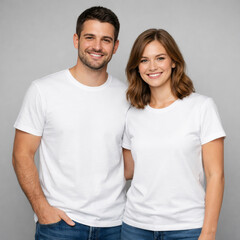 Fototapeta premium Smiling Couple Wearing Blank White T-Shirts Mockup for Apparel Branding