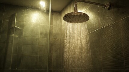 Obraz premium Calm spa-inspired shower scene with water flow and steam in a private bathroom