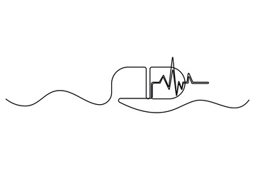 Obraz premium Minimalist monoline pill capsule with cardiogram pulse line modern medical vector design 