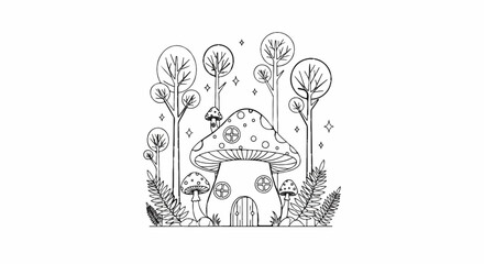 Naklejka premium Whimsical mushroom house with stylized trees and magical stars