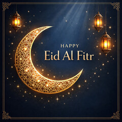 Elegant Eid Al Fitr Greeting Background with Islamic Lanterns, Crescent Moon and Golden Mosque &ndash; Happy Eid Al Fitr Celebration Design