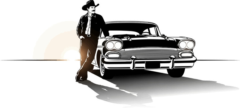 A stylized illustration of a cowboy with a mustache standing by a classic automobile