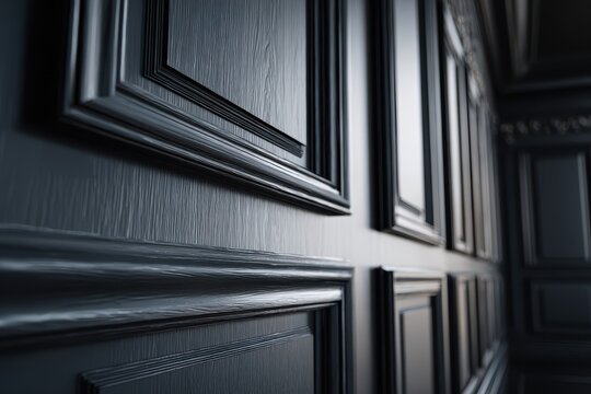 Luxurious black wood wall with elegant molding and deep ebony grain for upscale interior backdrops