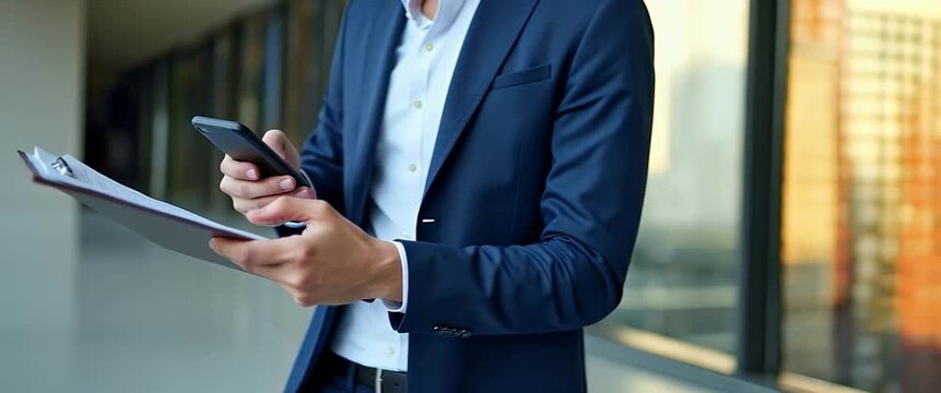 Business professional in blue shirt interacts with tablet and smartphone, slow pan across minimalist office setting, ambient light subtly flickers, cinematic style.