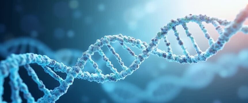 Cinematic view of a DNA helix gently rotating under a soft light, with a slow pan over a scientific background; ideal for biotechnology, genetics, and medical research themes.