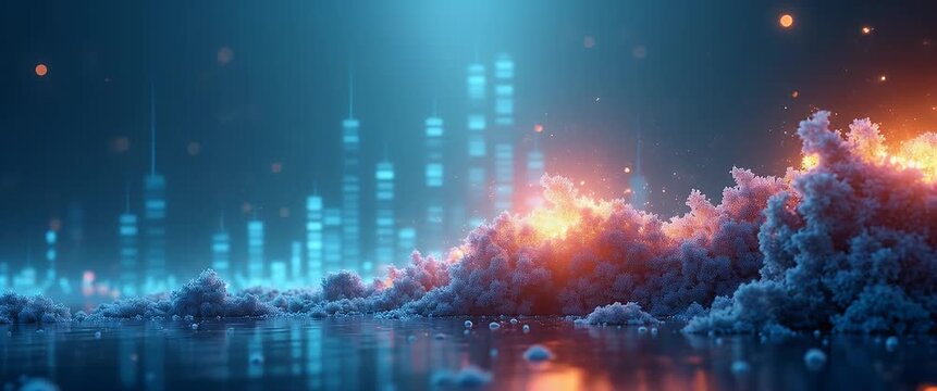 Abstract digital particles gently drift in a serene, futuristic landscape as the camera slowly pans, showcasing a cinematic blend of glowing data visuals and ambient light flickers.