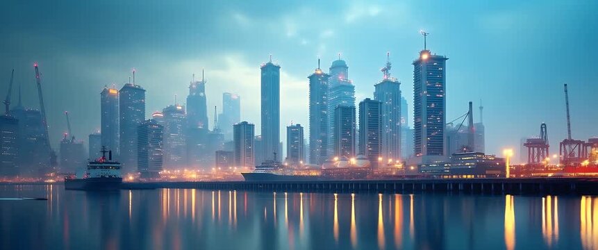 Majestic skyscrapers reflect in a tranquil harbor as a ship glides smoothly, with a slow cinematic pan capturing the serene cityscape at dusk, lights flickering softly in the misty skyline.