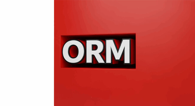 3D rendered white text "ORM" recessed in a red cube