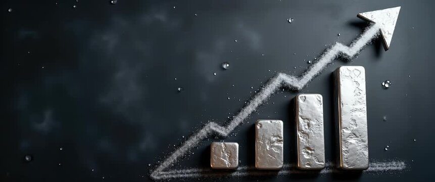 Silver bars form an ascending graph on a dark surface as the camera slowly pans, with ambient light flickering softly, creating a cinematic financial growth and investment concept.