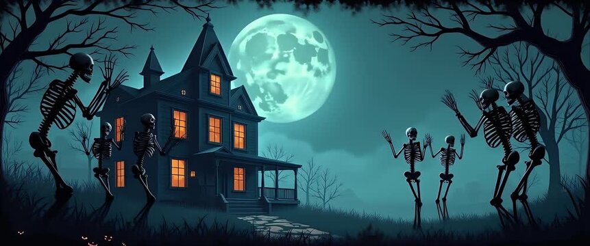 Eerie skeletons dance under a full moon near an old haunted house; the camera slowly pans, capturing flickering lights and swaying trees in a cinematic, spooky night scene.