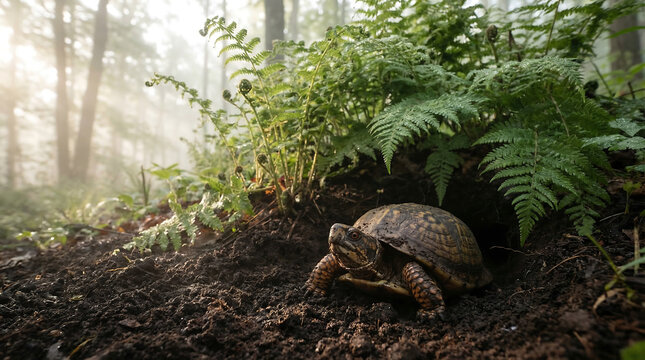 Eastern Box Turtle Emerges From Its Burrow Amidst Lush Forest Undergrowth