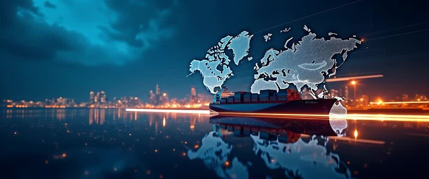 Cargo ship glides through illuminated harbor at dusk, world map overlay reflecting on water; camera gently pans left as city lights twinkle, creating a cinematic global trade scene.