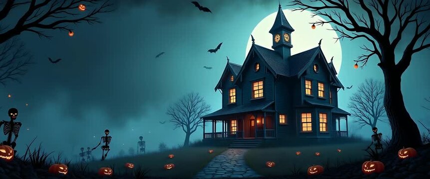 Cinematic night scene of a haunted house with glowing pumpkins and skeletons swaying gently; camera pans slowly as bats flutter against a misty, moonlit backdrop.
