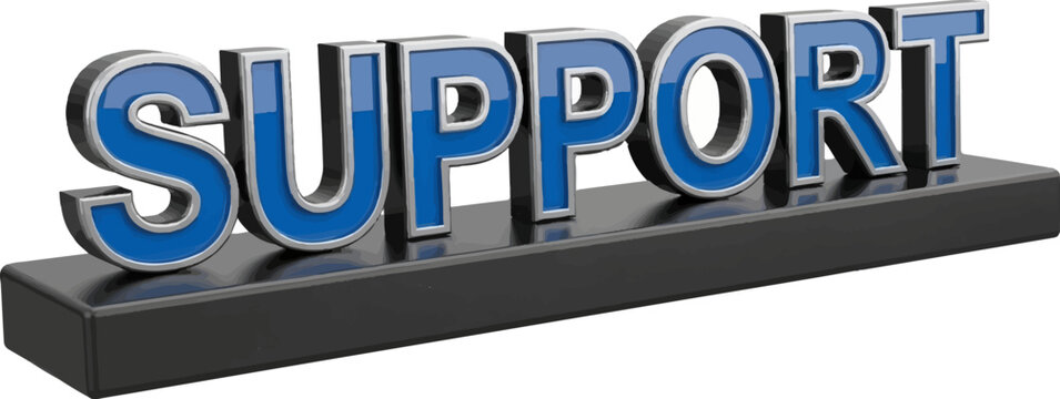 3D rendered blue and silver letters spelling SUPPORT on a black platform
