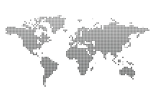 A world map made up of small black halftone dots vector illustration.