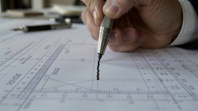 Close up of hand holding pencil over blueprint. Engineering and construction concept. Ideal for business and industrial designs.